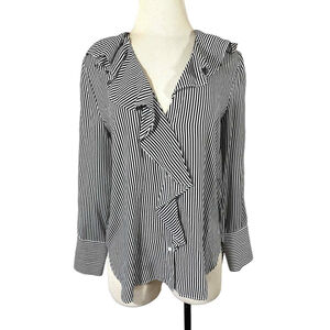 Zara Basic Black White Stripe Long Sleeve Button Up Blouse Ruffles Sz S